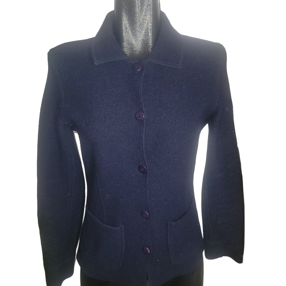 Contemporaine Navy Blue 100% Wool Button-Up Cardigan Sweater Size S